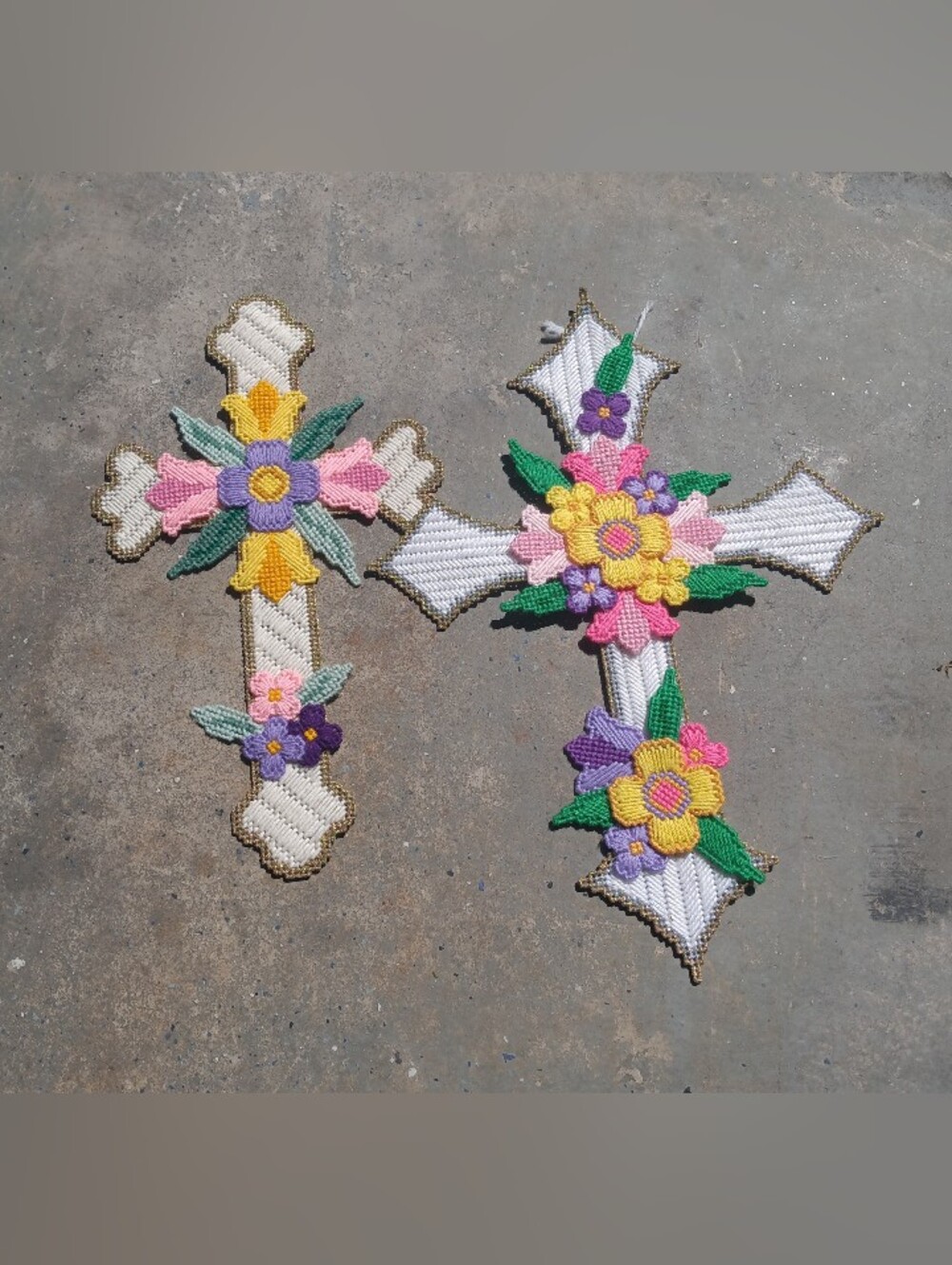 Vintage Handmade Plastic Canvas Crosses Purple Pink Yellow Flowers Wall Hanging
